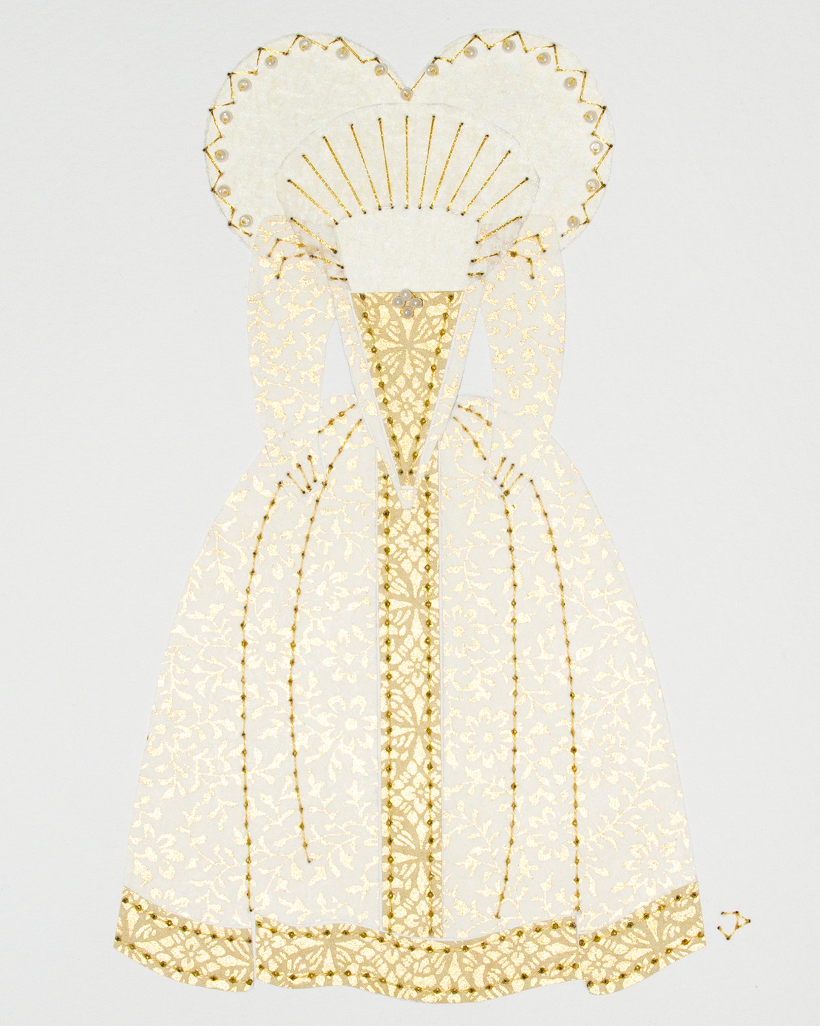Dress #022: Queen Elizabeth I gown in white and gold: front view. 2014