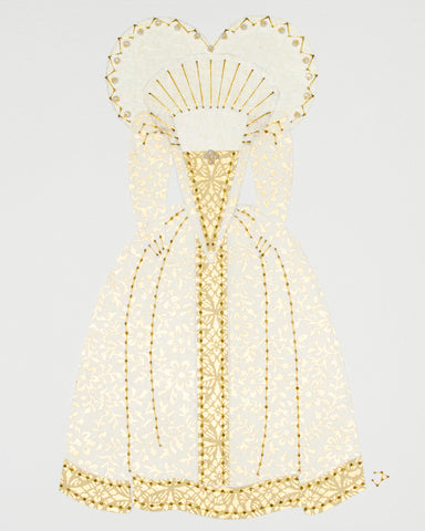 Dress #022: Queen Elizabeth I gown in white and gold: front view. 2014