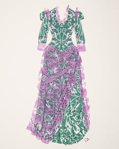Dress #031: Victorian dress in green filigree and purple lace. 2015