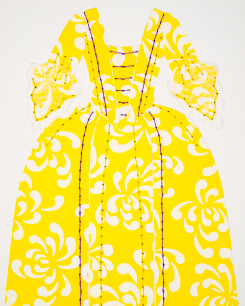 Dress #033: Robe à la française in yellow with purple trim. 2015