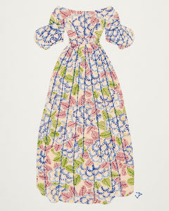 Dress #038.2: Early Victorian dress in blue, red, and green on cream. 2017