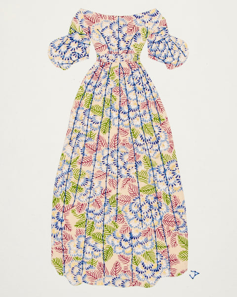 Dress #038.2: Early Victorian dress in blue, red, and green on cream. 2017