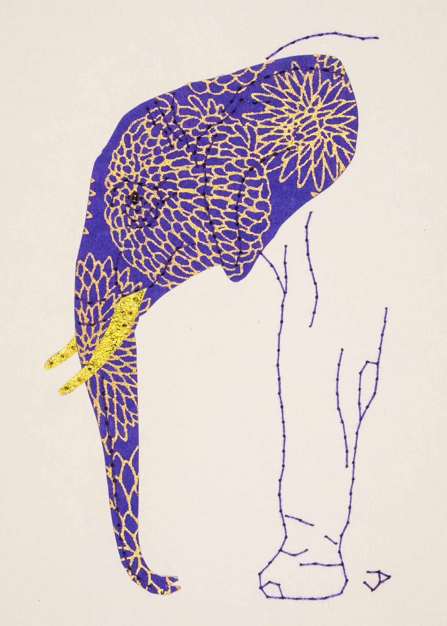 Elephant in Gold on Dark Periwinkle