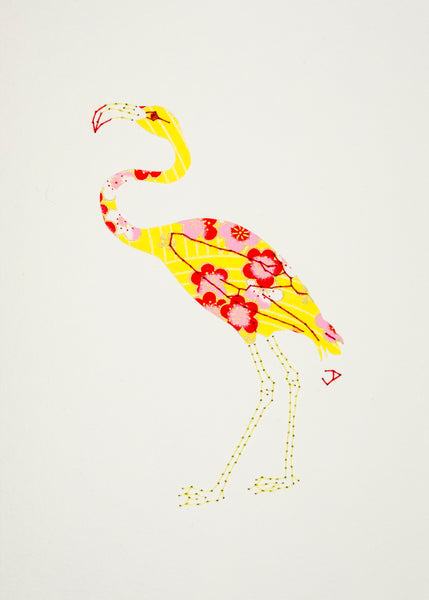 Flamingo in Red & Pink on Yellow