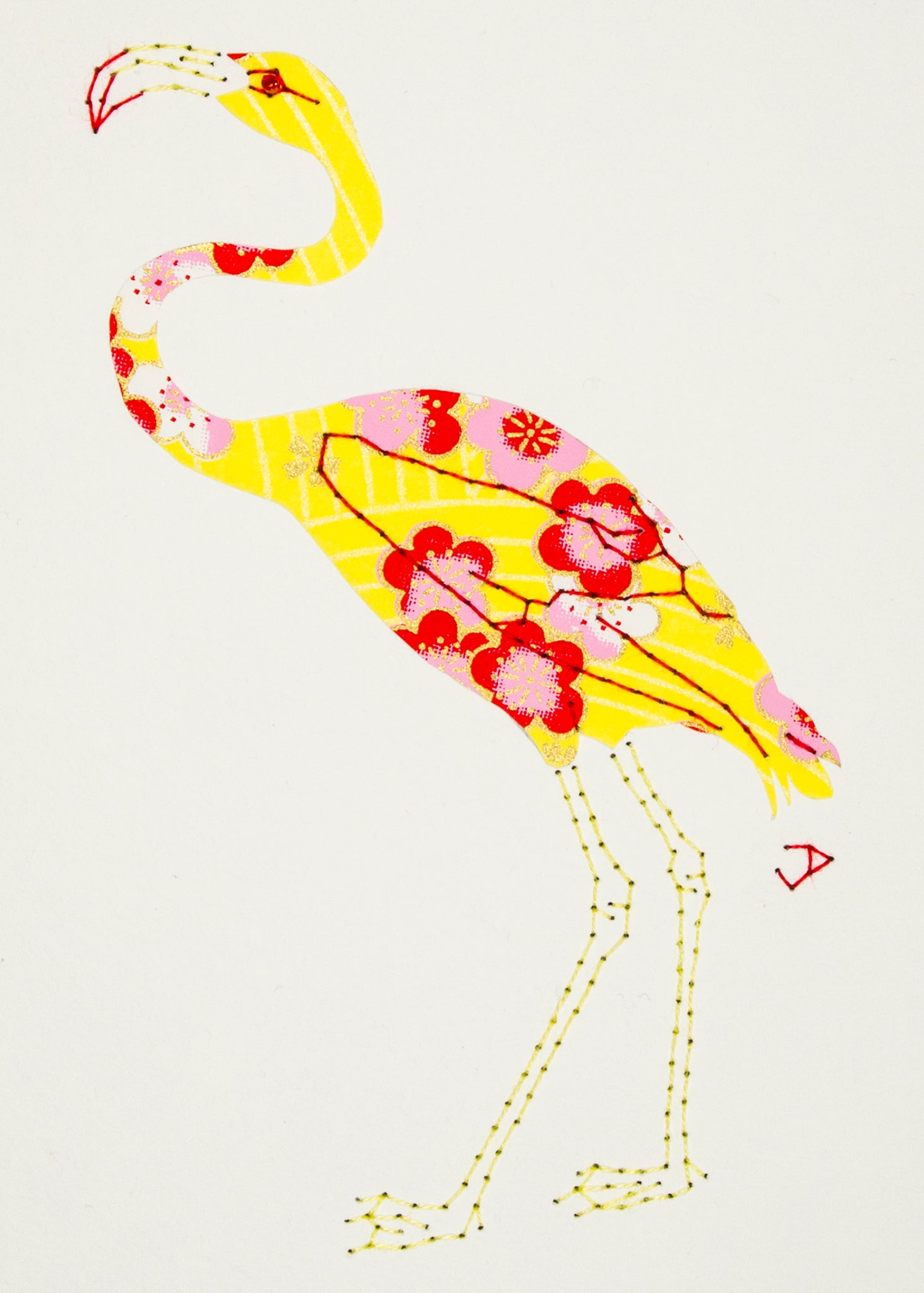 Flamingo in Red & Pink on Yellow