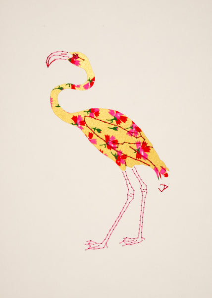 Flamingo in Red & Pink Flowers on Gold