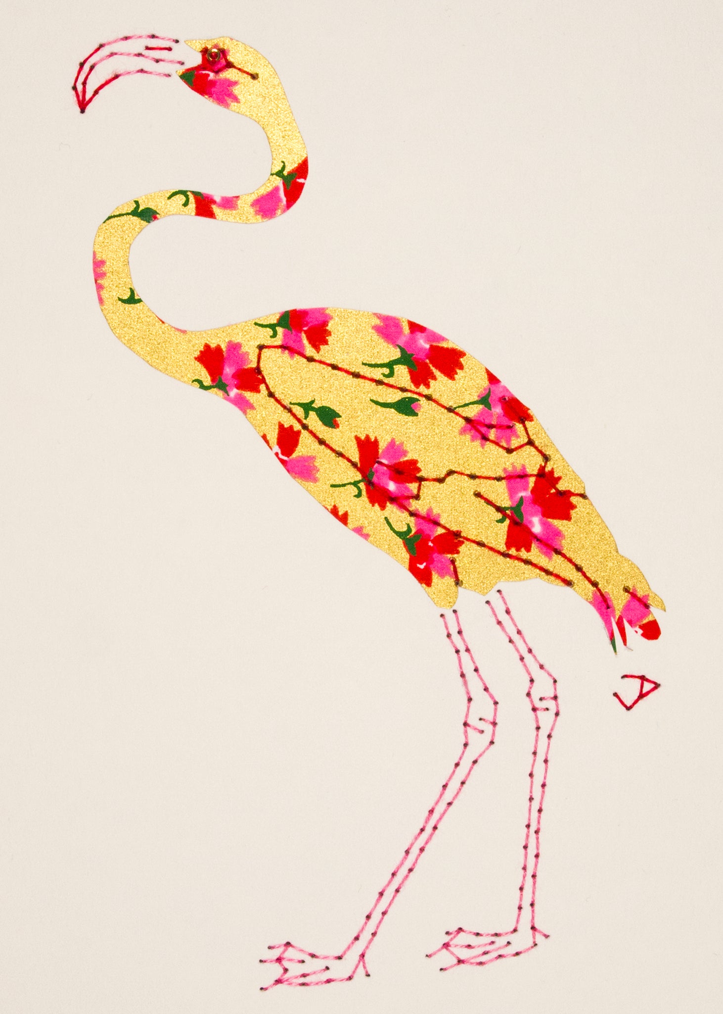 Flamingo in Red & Pink Flowers on Gold