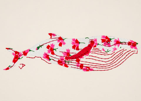 Humpback Whale in Pink & Red Flowers on Silver