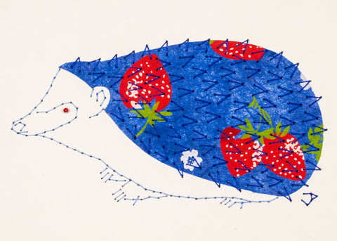 Hedgehog in Strawberries on Blue