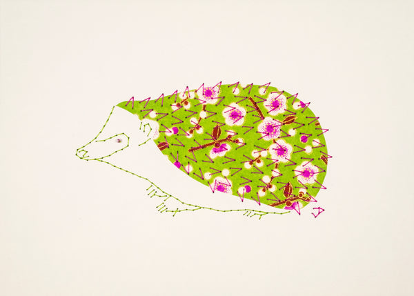 Hedgehog in Pink Flowers on Lime Green