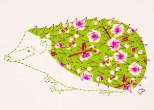 Hedgehog in Pink Flowers on Lime Green