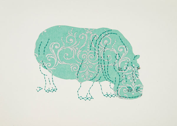 Hippopotamus in Silver Filigree on Pale Turquoise