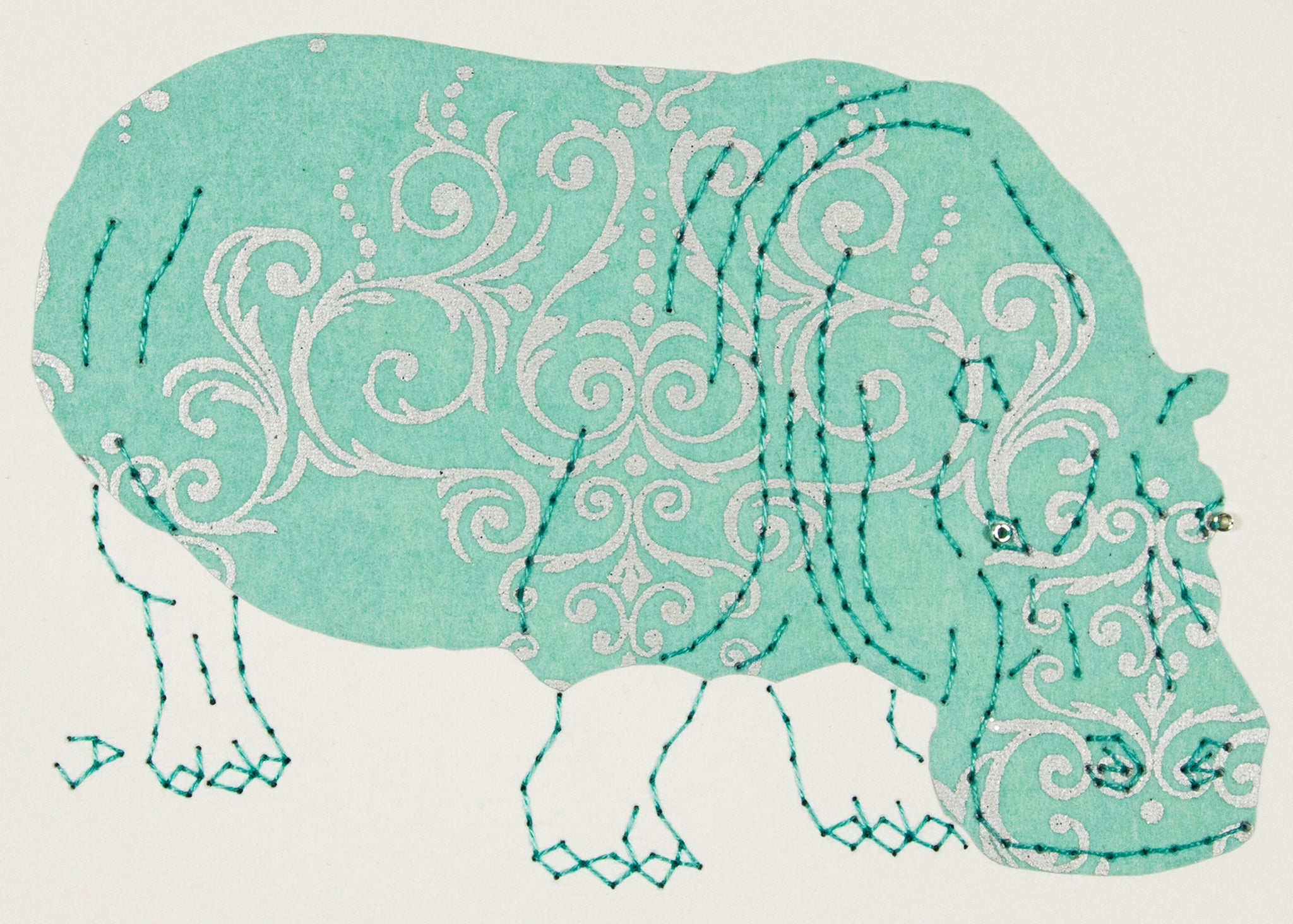 Hippopotamus in Silver Filigree on Pale Turquoise
