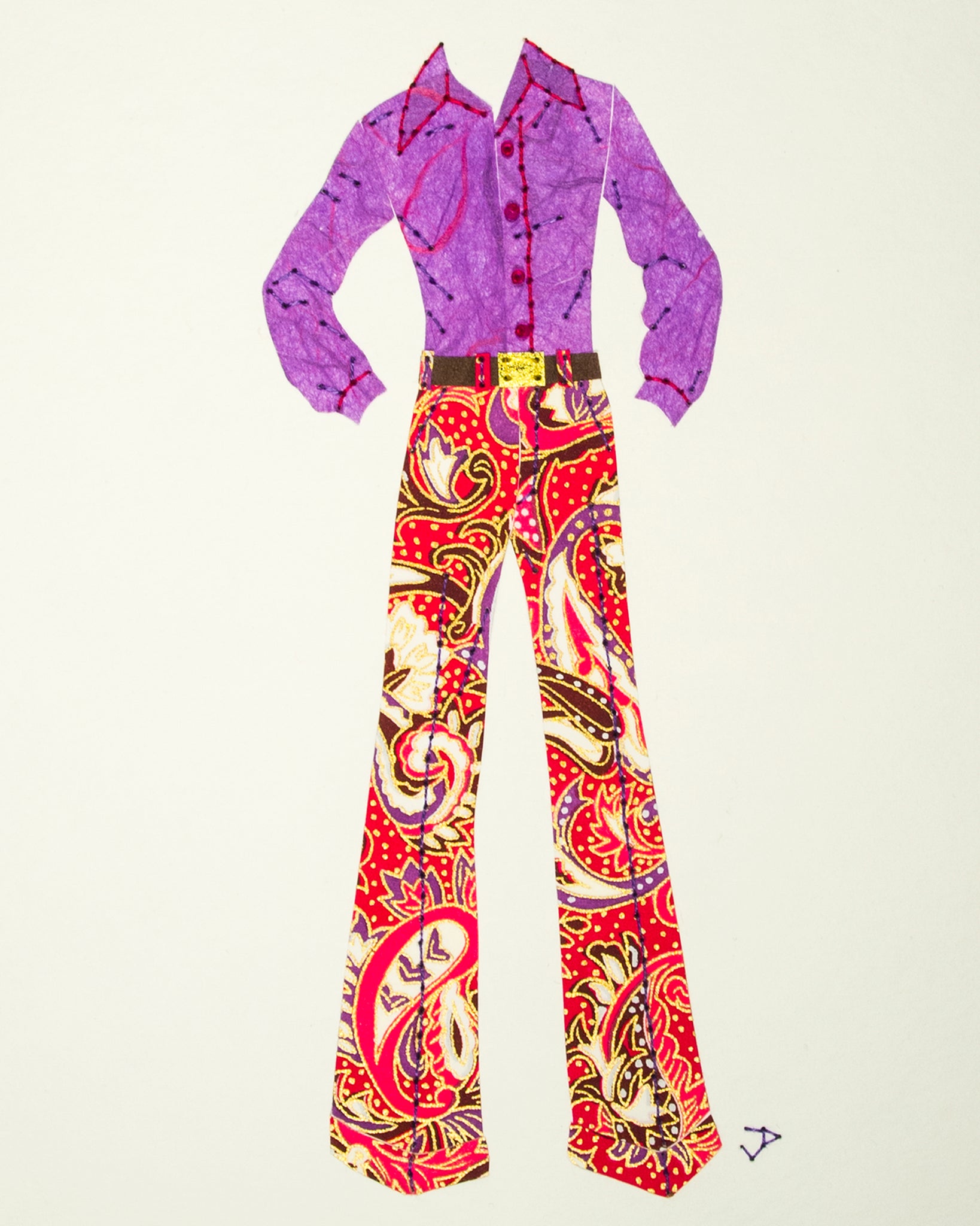 1970s men’s outfit in pink and purple paisley. 2016