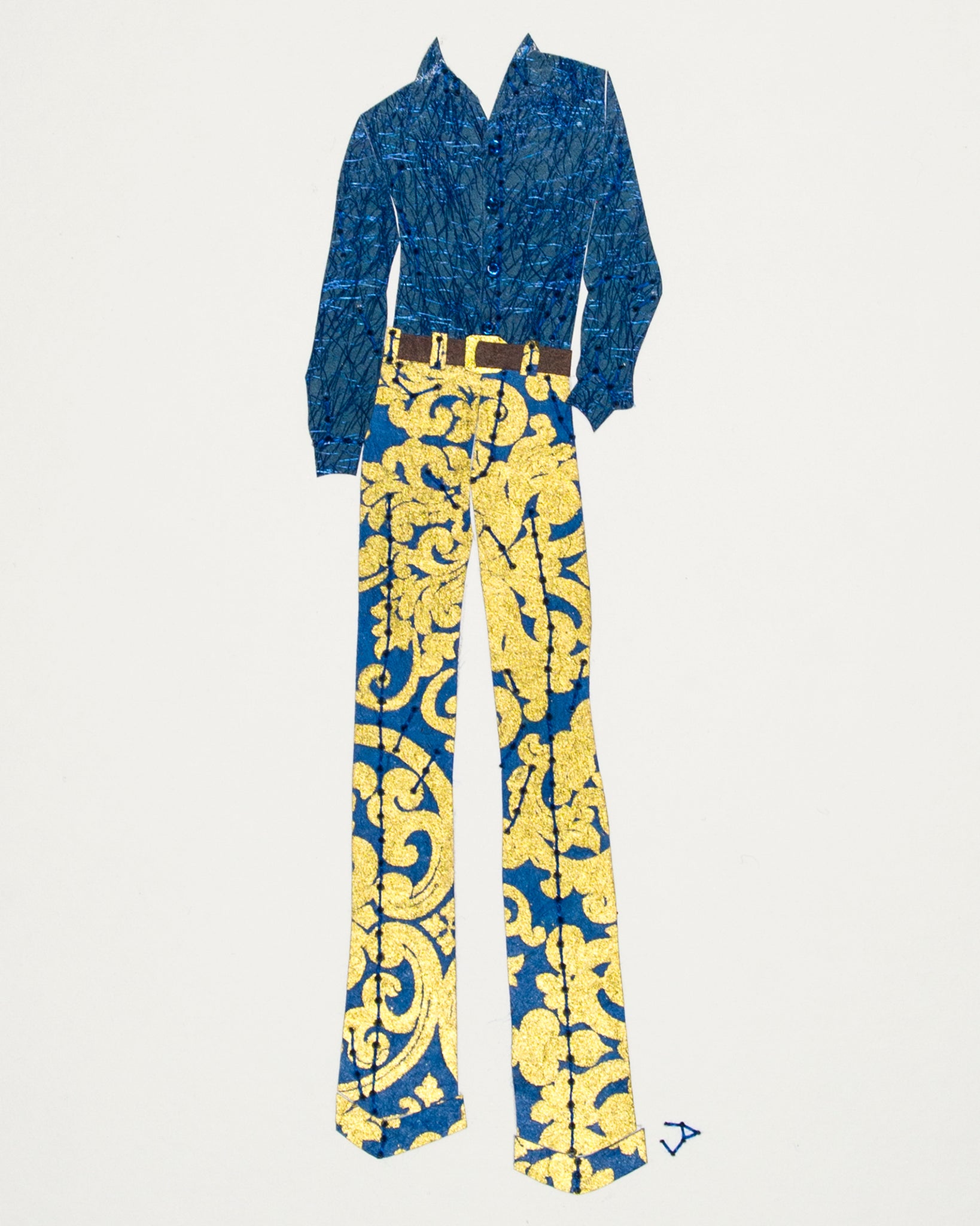1970s man M04: 1970s men’s blue and gold pants and shirt. 2016
