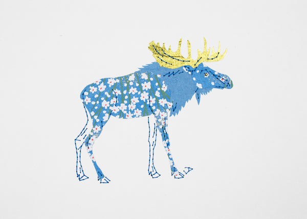 Moose in Forest Blue & White
