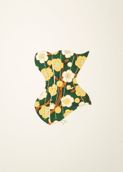 Victorian Corset in Yellow & Green Cherry Blossoms
