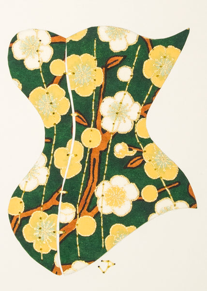 Victorian Corset in Yellow & Green Cherry Blossoms