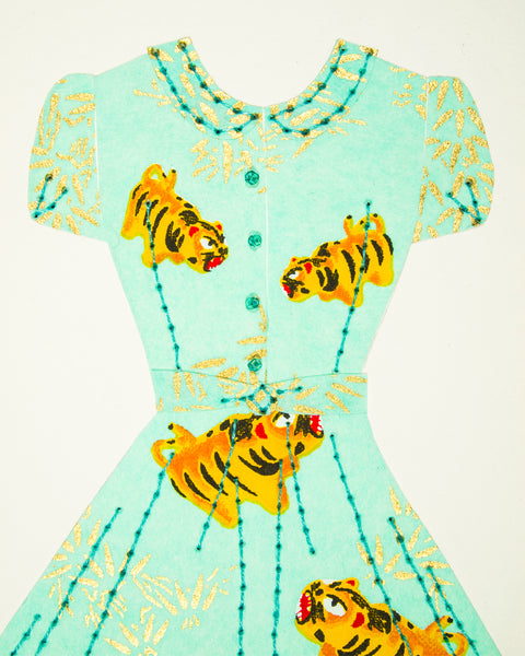 Pinup #006: Pinup dress in mint with tiny angry tigers and crinoline. 2016