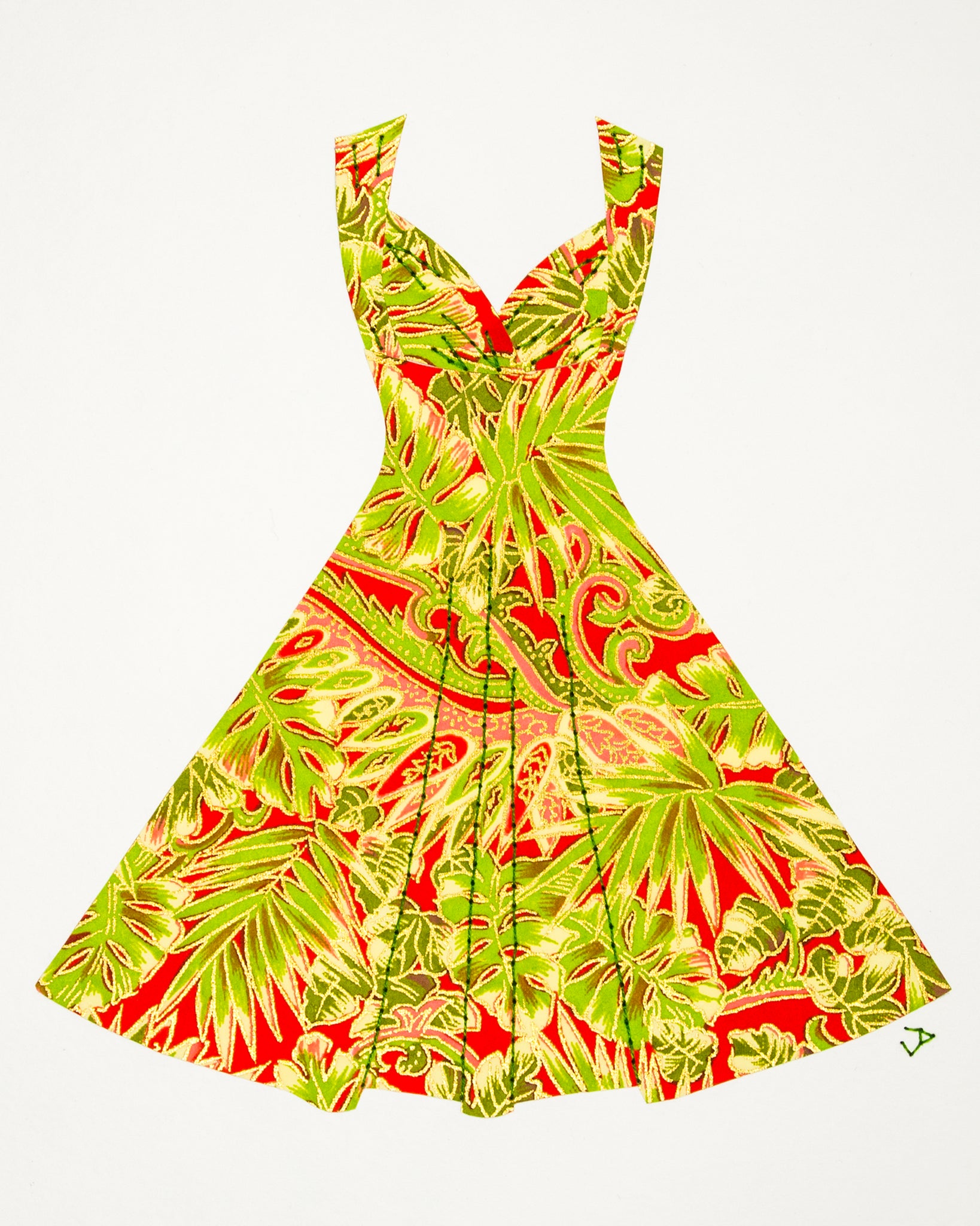 Pinup #015: Pinup dress in green palm leaves on red. 2017