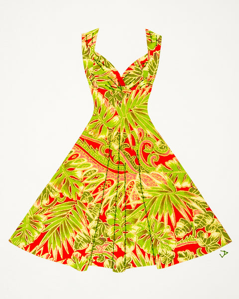 Pinup #015: Pinup dress in green palm leaves on red. 2017