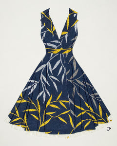 Pinup #021: Pinup dress in gold and silver on navy with crinoline. 2019