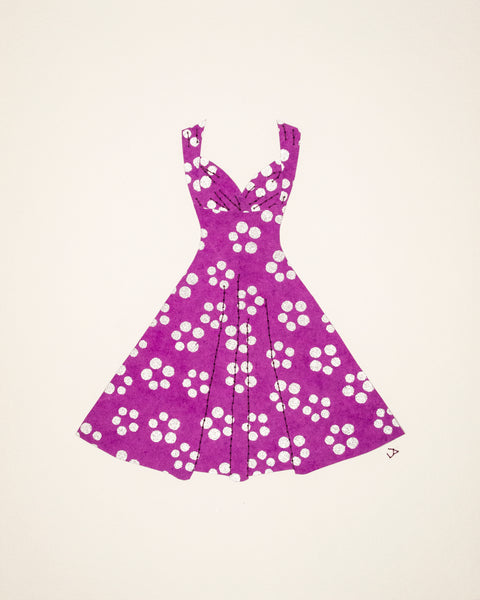 Pinup #025: Pinup dress in silver dots on purple. 2020