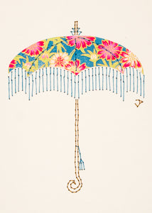 Parasol in Pink Flowers on Turquoise