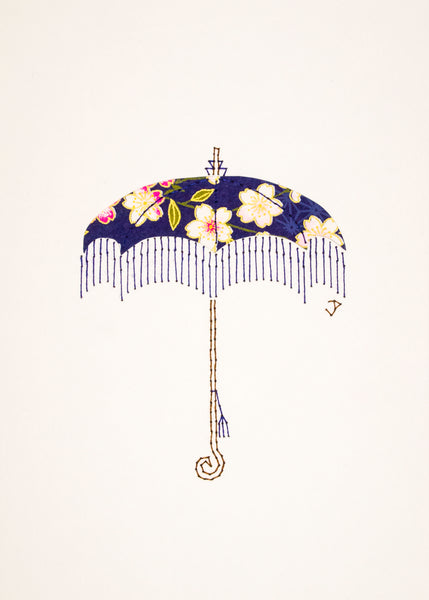 Parasol in Pink Flowers on Indigo Blue