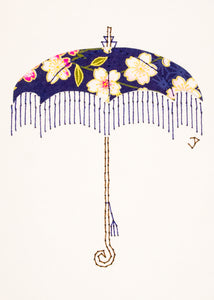 Parasol in Pink Flowers on Indigo Blue