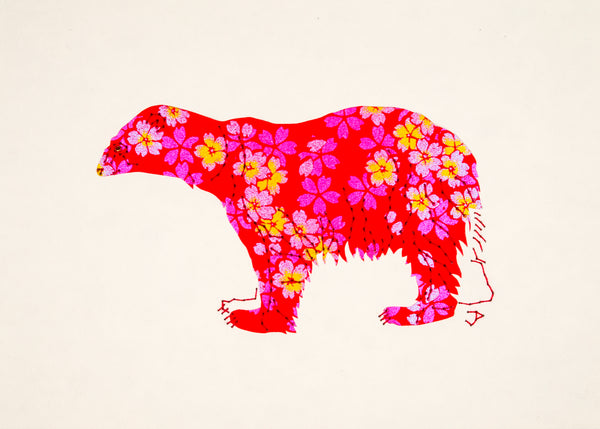 Polar Bear in Red with Iridescent Flowers