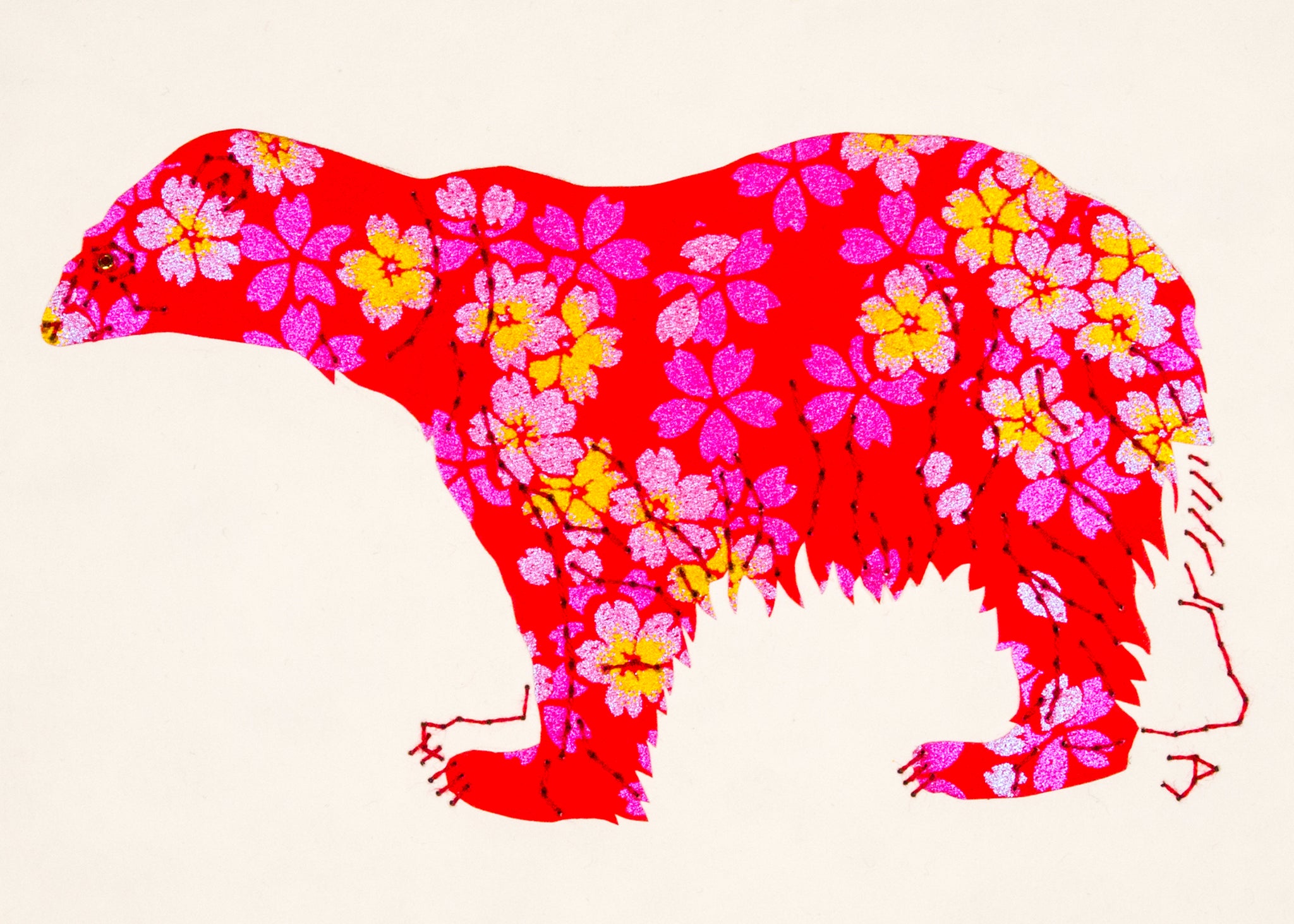 Polar Bear in Red with Iridescent Flowers