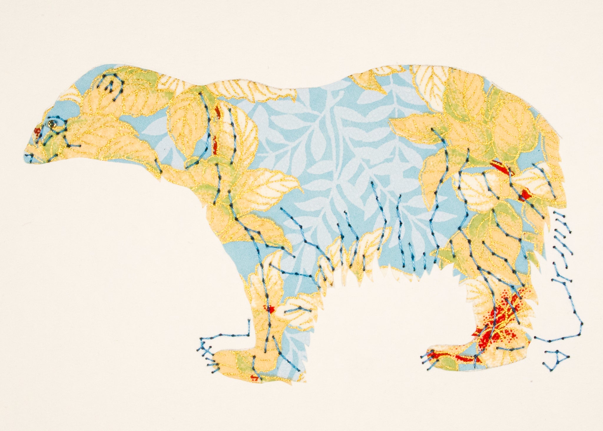 Polar Bear in Cream Leaves on Blue