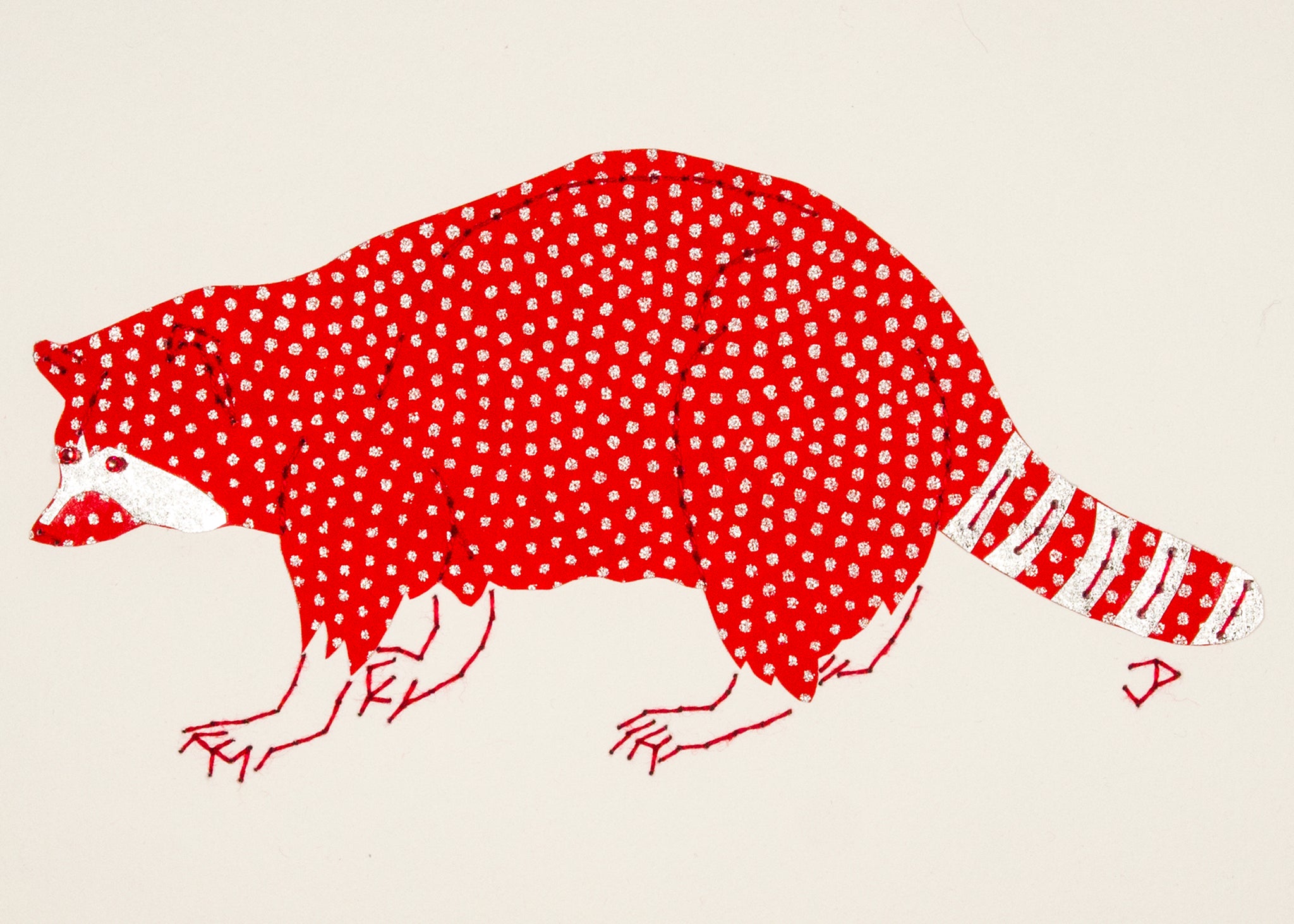 Raccoon in Silver Dots on Red