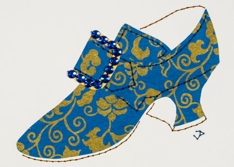 Hand-stitched 1760s shoe in blue paper patterned with bronze flowers and vines and accented with a rhinestone buckle