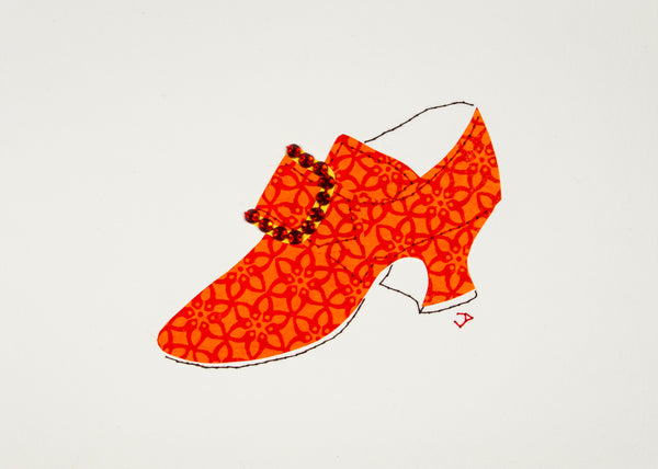 Hand-stitched 1760s shoe in red paper patterned in orange and accented with a rhinestone buckle