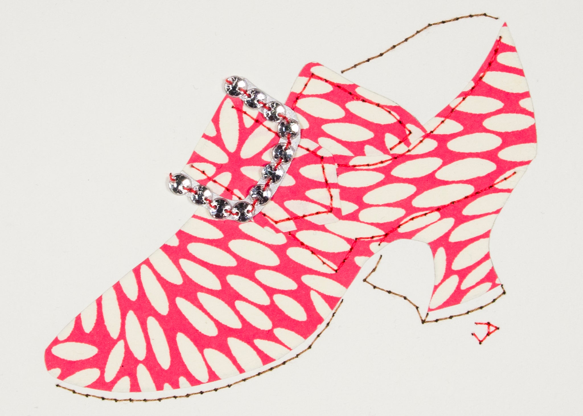 Hand-stitched 1760s shoe patterned in pink and white paper and accented with a rhinestone buckle