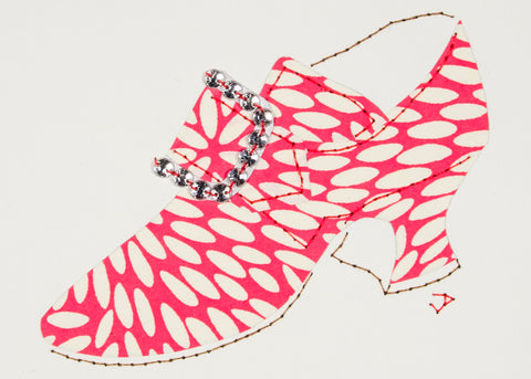 Hand-stitched 1760s shoe patterned in pink and white paper and accented with a rhinestone buckle