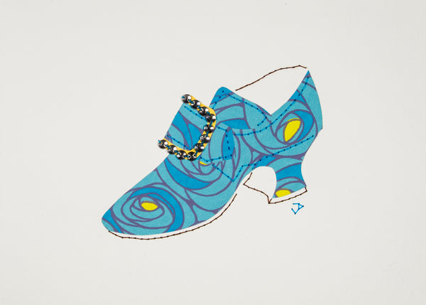 Hand-stitched 1760s shoe in paper patterned with blue roses and accented with a rhinestone buckle