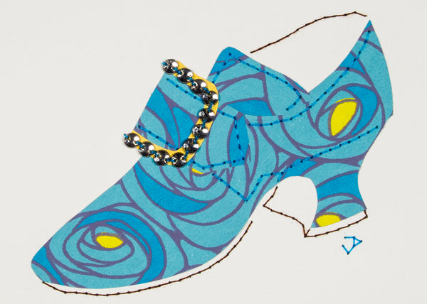 Hand-stitched 1760s shoe in paper patterned with blue roses and accented with a rhinestone buckle