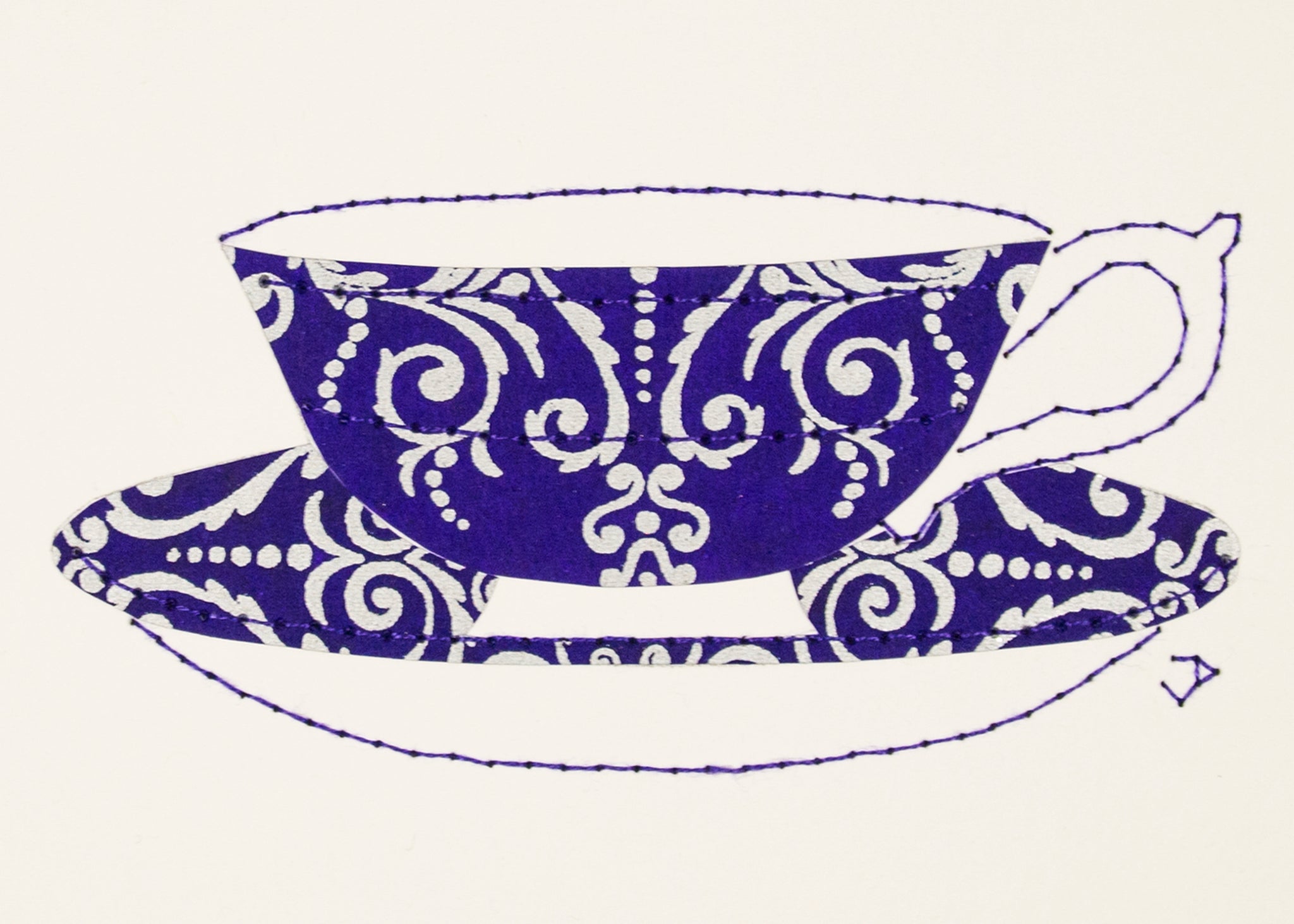 Teacup in Silver Filigree on Royal Blue