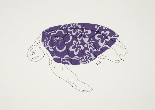 Green Turtle in Silver Flowers on Indigo