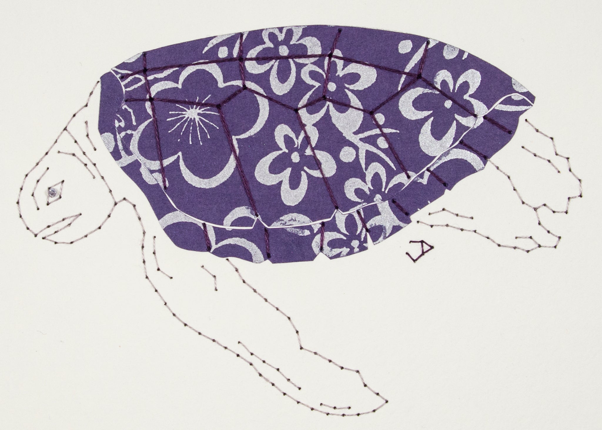 Green Turtle in Silver Flowers on Indigo