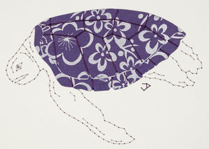 Green Turtle in Silver Flowers on Indigo