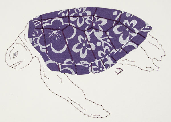 Green Turtle in Silver Flowers on Indigo