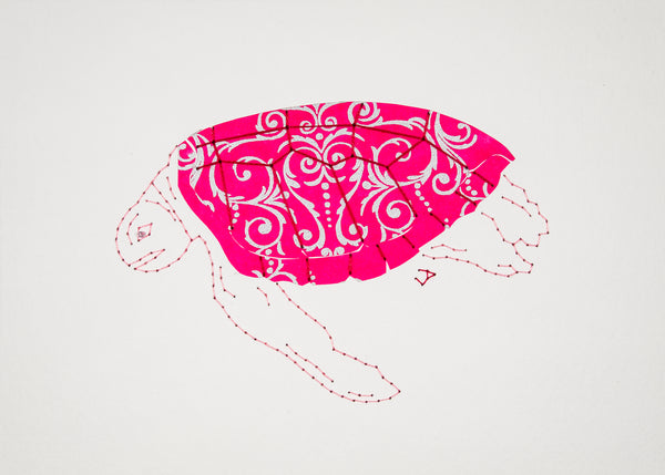 Green Turtle in Silver Filigree on Pink